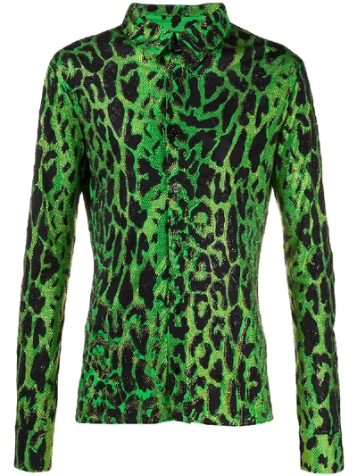 Shop Versace Rhinestone Leopard Print Shirt In Green