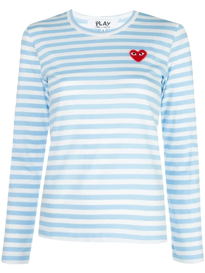 Comme Des Garçons Play Comme Des Garcons Play Blue And White Striped Heart Patch Long Sleeve T-shirt In Blue