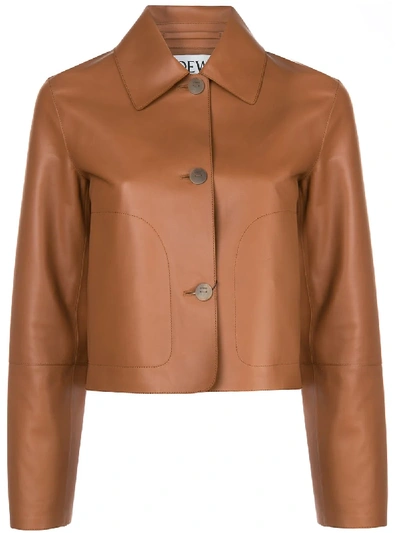 Shop Loewe Cropped Lambskin Jacket In Brown