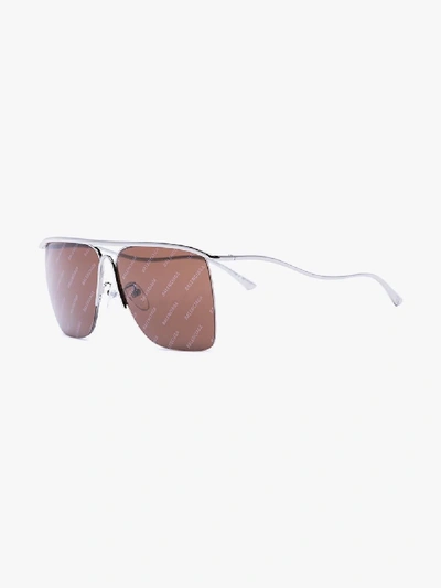 Shop Balenciaga Silver Tone Logo Lens Sunglasses In Brown