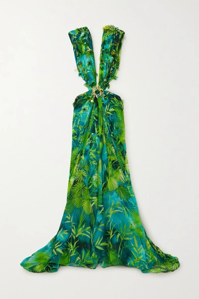 Shop Versace Cutout Embellished Printed Silk-chiffon Gown In Green