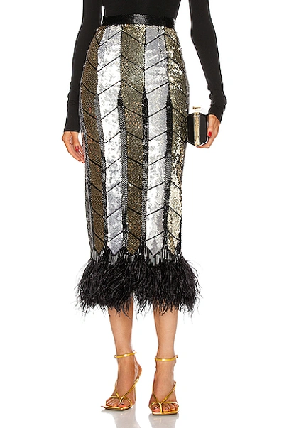 Shop Attico Ostrich Feather Pencil Skirt In Black  Gold & Silver