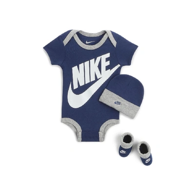 Shop Nike Sportswear Baby Bodysuit, Hat And Booties Box Set In Blue