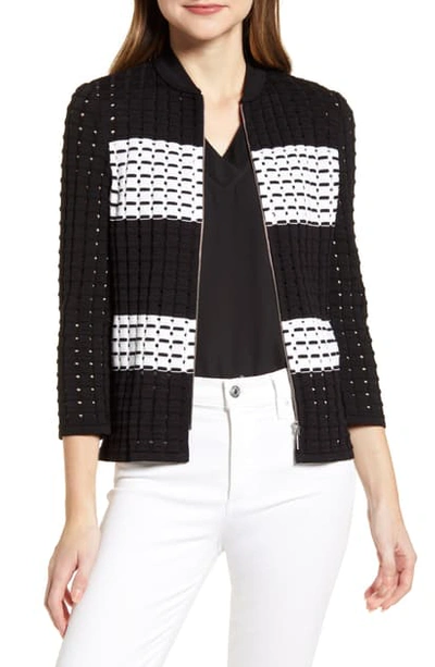 Shop Ming Wang Stripe Knit Bomber Jacket In Black/ White
