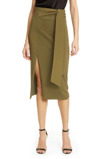 Shop Alice And Olivia Riva Tie Waist Slit Midi Skirt In Olive