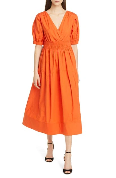 Shop Self-portrait Puff Sleeve Tie Back Cotton Midi Dress In Orange