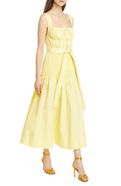 Shop Self-portrait Smocked Cotton Maxi Dress In Bright Yellow
