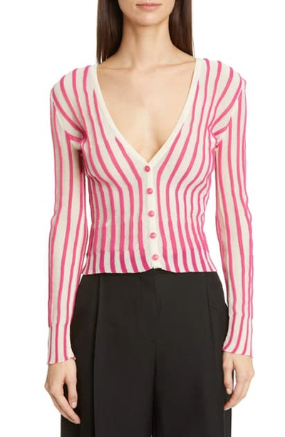 Shop Jacquemus Manosque Stripe Cotton Blend Cardigan In Pink Striped