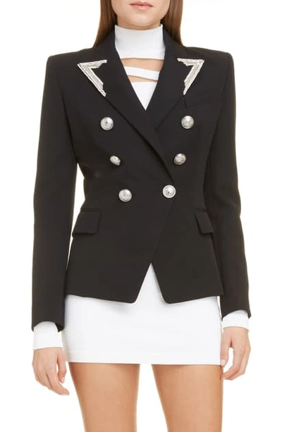 Shop Balmain Embellished Double Breasted Wool Blazer In 0pa Noir