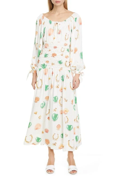 Shop Saks Potts Mamasita Smocked Long Sleeve Midi Dress In Symbol Print