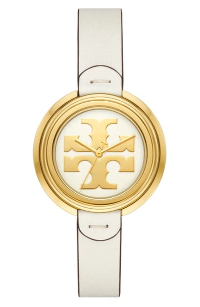 Shop Tory Burch The Miller Leather Strap Watch, 36mm In White/ Cream/ Gold