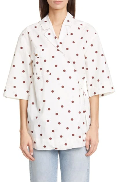 Shop Ganni Dot Print Oversize Wrap Shirt In Egret