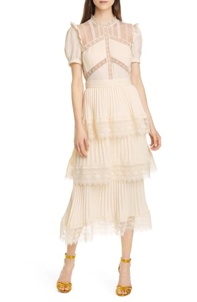 Shop Self-portrait Puff Sleeve Tiered Pleated Maxi Dress In Cream