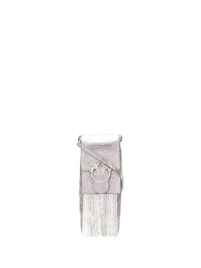 Shop Pinko Crocodile Embossed Fringe Detail Shoulder Bag In Silver