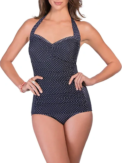 Shop Miraclesuit Polka Dot One-piece Halter Swimsuit In Midnight