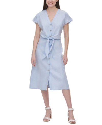 Shop Calvin Klein Tie-waist Linen Dress In Cashmere Blue