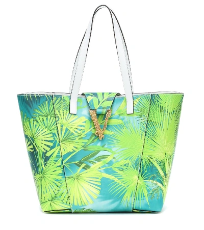 Shop Versace Virtus Printed Leather Tote In Green