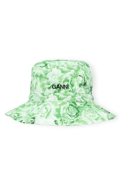 Shop Ganni Print Poplin Bucket Hat In Island Green