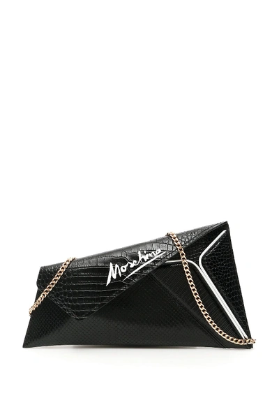 Shop Moschino Asymmetrical Clutch With Signature Logo In Fantasia Nero (black)