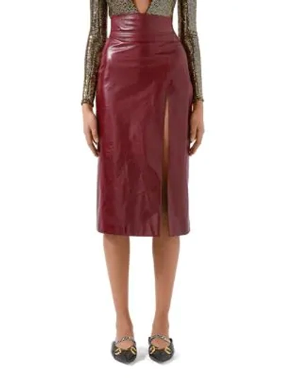 Shop Gucci Shiny Leather Midi Skirt In Burgundy