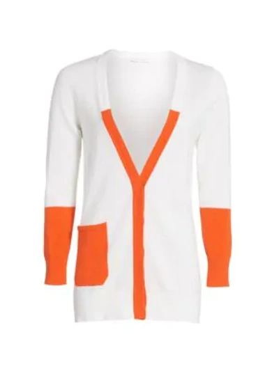 Shop Joan Vass Colorblock Longline Cardigan In Orange Combo