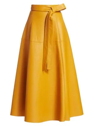 Shop Oscar De La Renta Leather Self-belted Midi Skirt In Honey