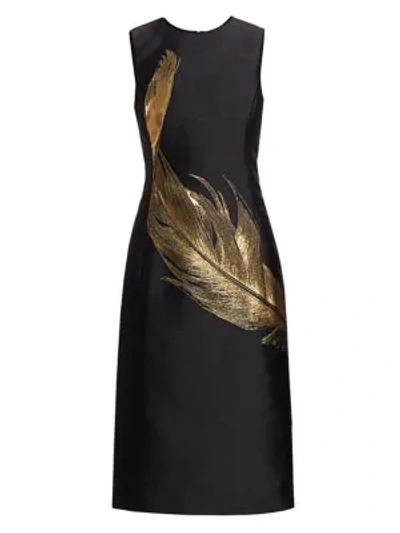 Shop Oscar De La Renta Embroidered Metallic Feather Silk Sheath Dress In Black Gold