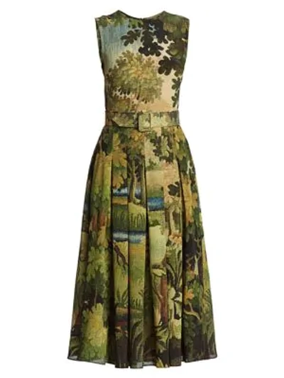 Shop Oscar De La Renta Landscape-print Silk Pleated Sleeveless Belted Midi Dress In Hunter Multi
