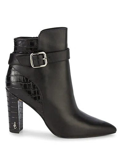 Shop Sam Edelman Rita Croc-embossed Leather Point-toe Booties In Black