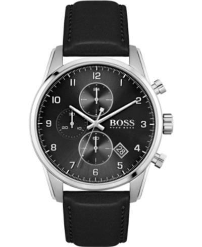 Shop Hugo Boss Men's Chronograph Skymaster Black Leather Strap Watch 44mm