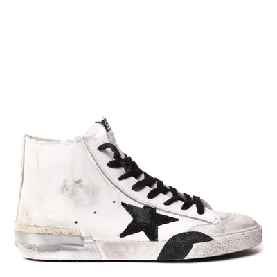 Shop Golden Goose White Francy High Top Leather Sneaker In White Leather-nabuck Blu Star