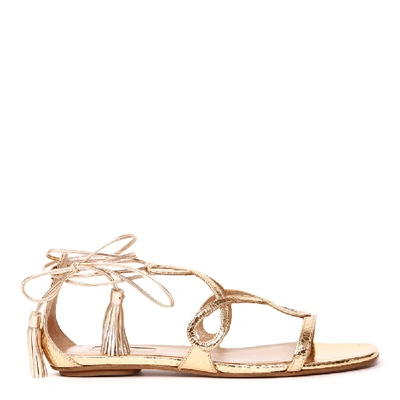 Shop Aquazzura Metallic Leather Flat Sandals With Snake Print In Gold