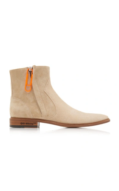 Shop Off-white Zip-detailed Suede Ankle Boots In Neutral