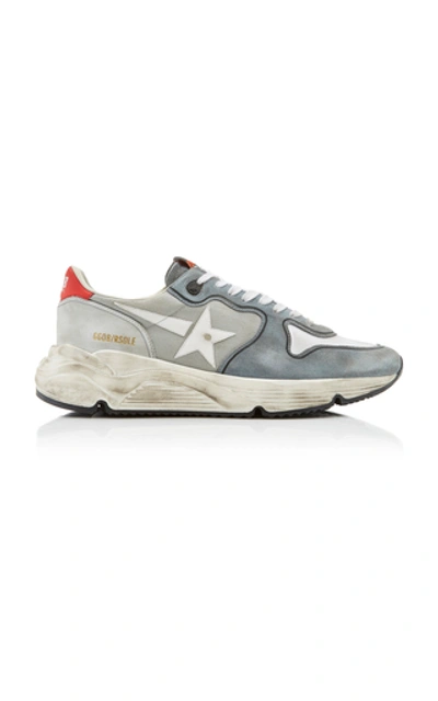 Shop Golden Goose Running Sole Distressed Suede, Mesh And Rubber Sneakers In Grey
