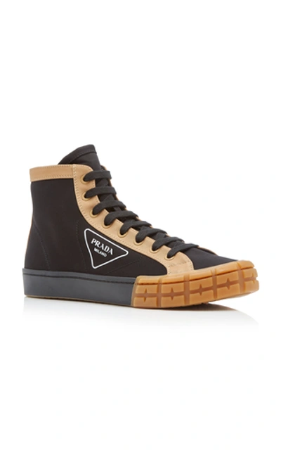 Shop Prada Two-tone Gabardine High Top Sneakers  In Black