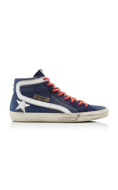 Shop Golden Goose Slide Distressed Suede And Rubber Sneakers In Navy