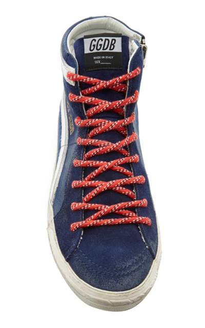 Shop Golden Goose Slide Distressed Suede And Rubber Sneakers In Navy