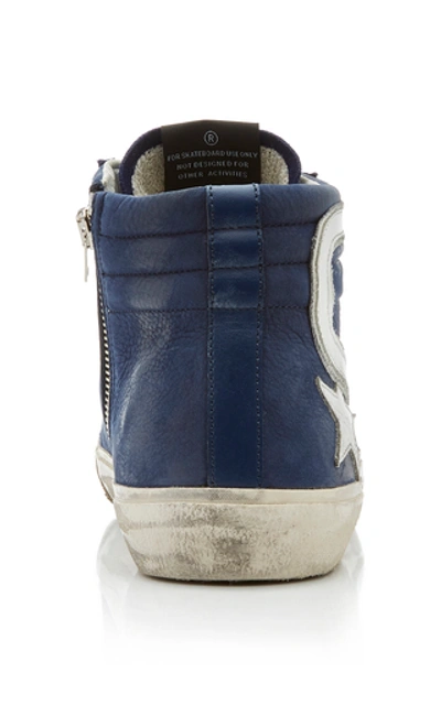 Shop Golden Goose Slide Distressed Suede And Rubber Sneakers In Navy