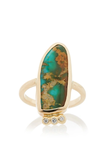Shop Jill Hoffmeister One-of-a-kind 14k Gold, Diamond And Turquoise Ring Si In Green