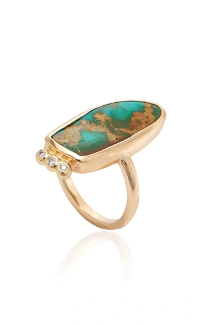 Shop Jill Hoffmeister One-of-a-kind 14k Gold, Diamond And Turquoise Ring Si In Green