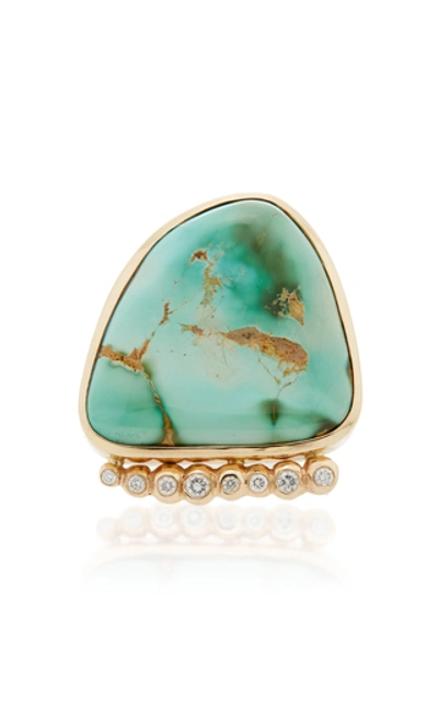Shop Jill Hoffmeister One-of-a-kind 14k Gold, Diamond And Turquoise Ring Si In Blue