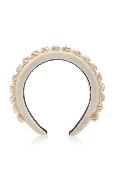 Shop Avenue Amelia Alice Faux Pearl-embellished Velvet Headband In White