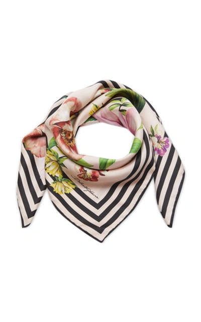 Shop Dolce & Gabbana Floral-print And Striped Silk Scarf In Yellow