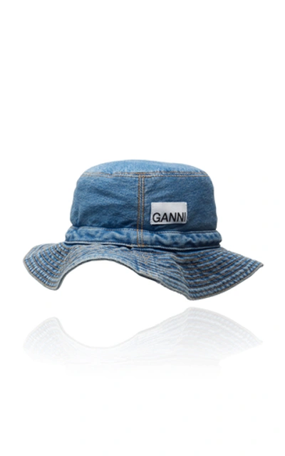 Shop Ganni Washed Denim Bucket Hat In Blue