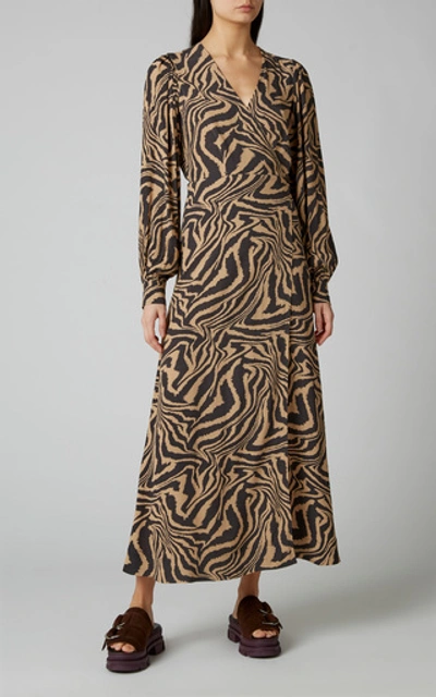 Shop Ganni Animal-print Crepe Wrap Dress