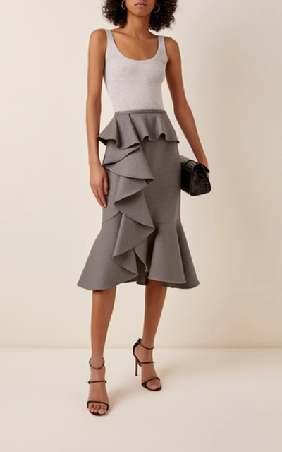 Shop Michael Kors Ruffled Stretch Wool-gabardine Skirt In Grey