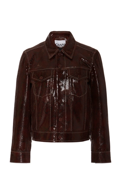 Shop Ganni Snake Foil Leather Jacket In Brown