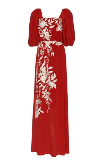 Shop Johanna Ortiz Floral Themes Embroidered Silk Maxi Dress In Red