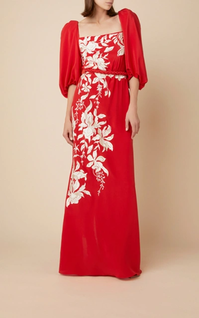 Shop Johanna Ortiz Floral Themes Embroidered Silk Maxi Dress In Red