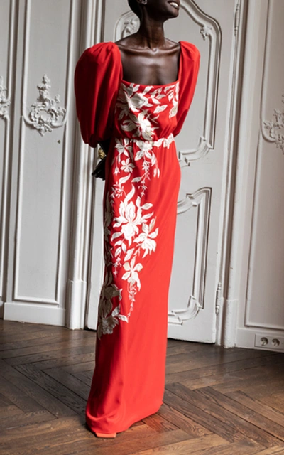 Shop Johanna Ortiz Floral Themes Embroidered Silk Maxi Dress In Red